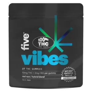 Five High Potency Vibes Gummies, Red Razz, Hybrid, 10mg THC, 10ct